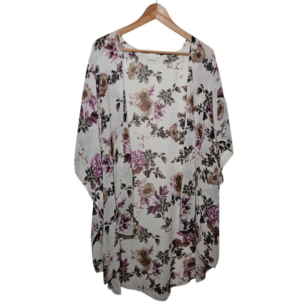 Emory Park Womens 3XL Sheer Kimono Ivory w/Floral Pattern Fairy Flowy Boho Slits